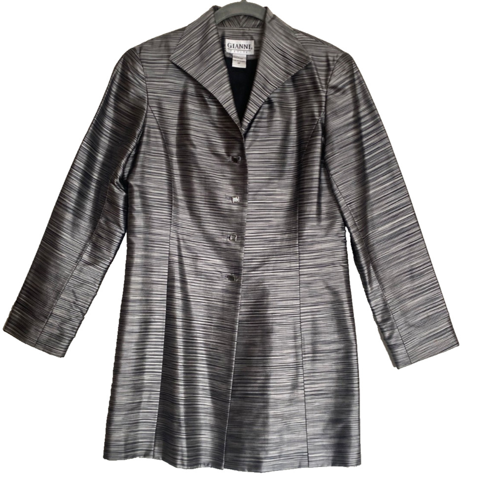GIANNI - 100% Silk Long Jacket, Black & Silver Woven Stripes, Art Buttons, 38"